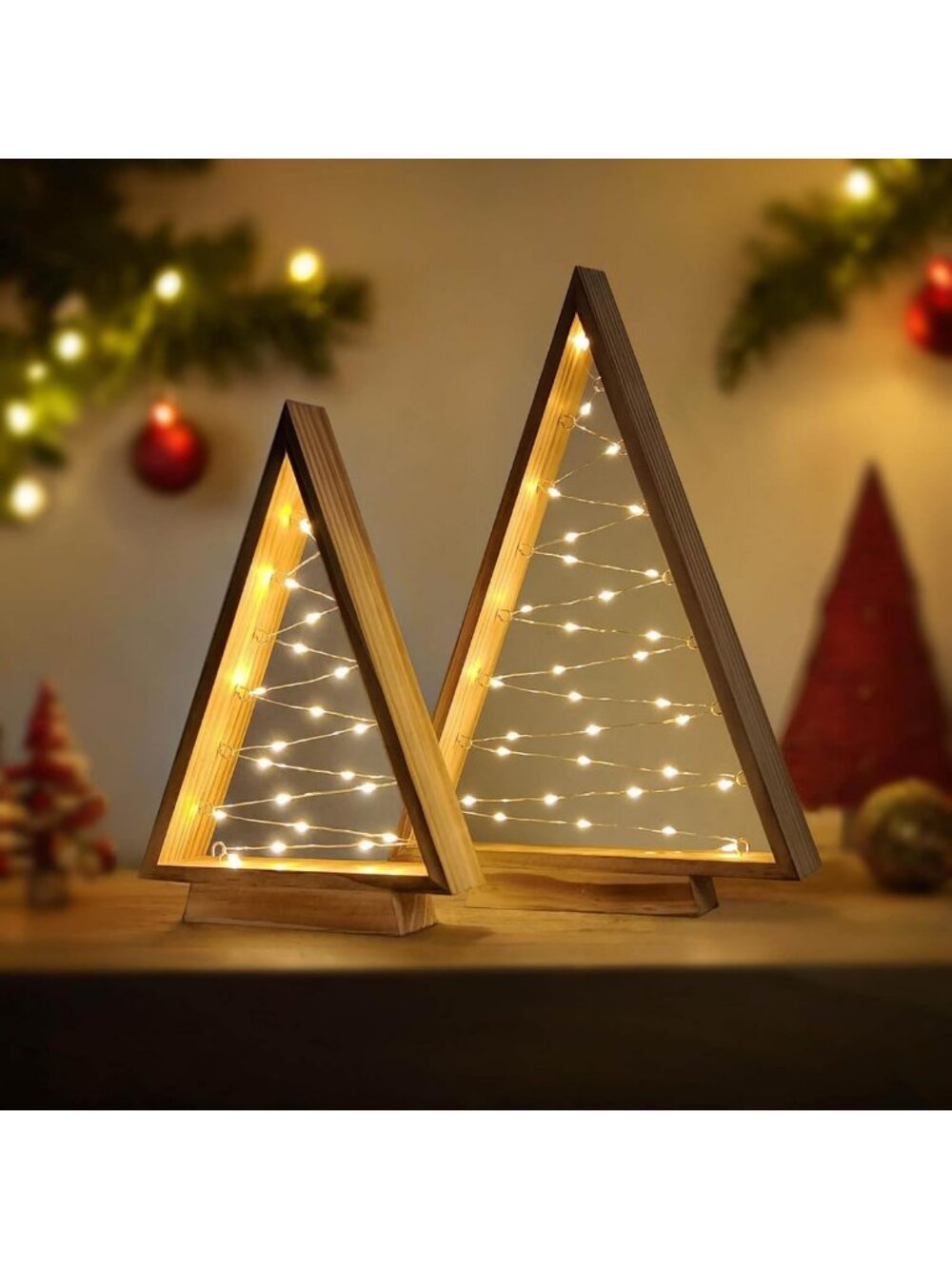 Set of 2 LED Wooden Christmas Tree Lights - Modern Farmhouse Holiday Decor